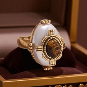 Byzantine Revival Gold Pearl Tigers Eye Cabochon Statememt Ring